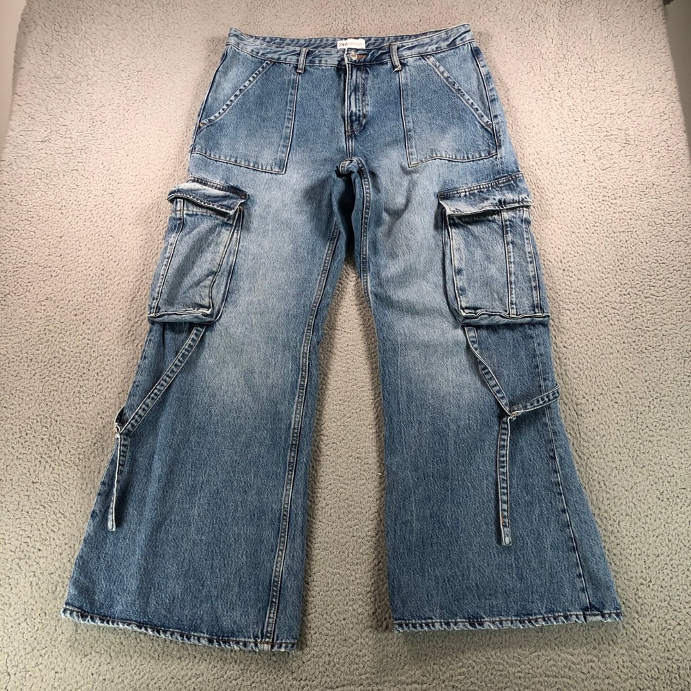 Zara Jeans Womens 14 Blue Cargo TRF Wide Leg Y2K Relaxed High Rise Strap Pockets